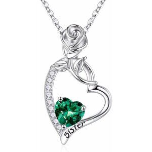 925 Sterling Silver Rose Heart Birthstone Pendant Necklace White Gold Plated 20